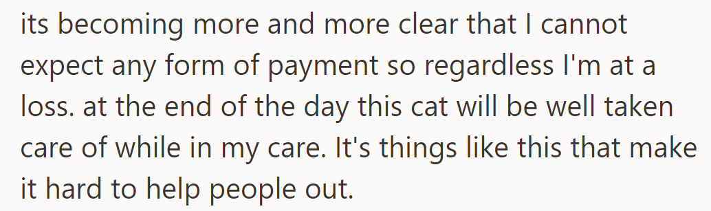 Realizing payment isn't coming, OP accepts the loss. The cat's care remains a priority.