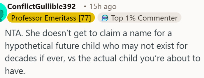 Claiming a name for a non-existent child for decades is completely unreasonable