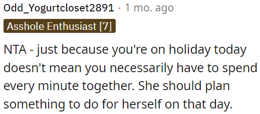 It's okay to spend some time apart even on holiday.