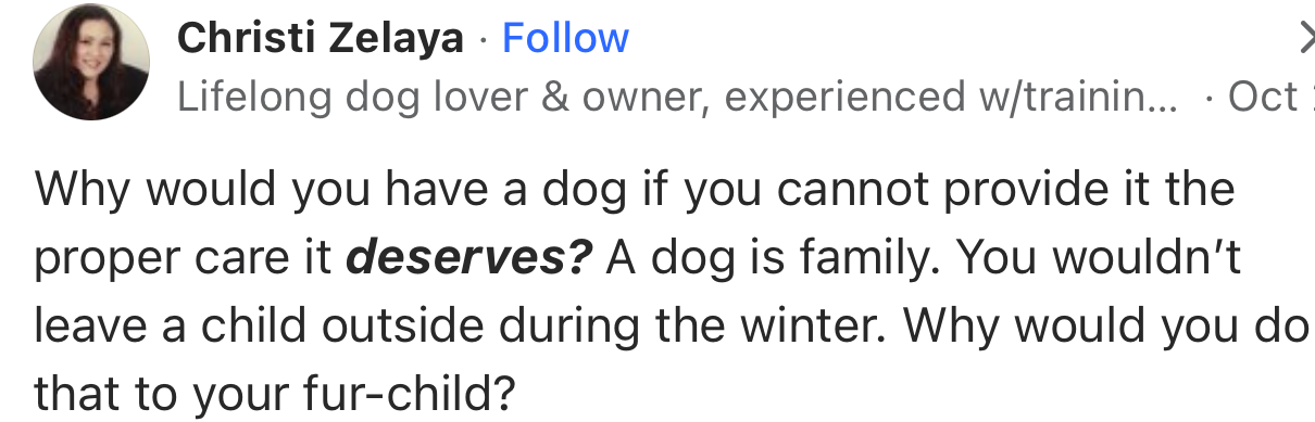 “Why would you have a dog if you cannot provide it the proper care it deserves?”