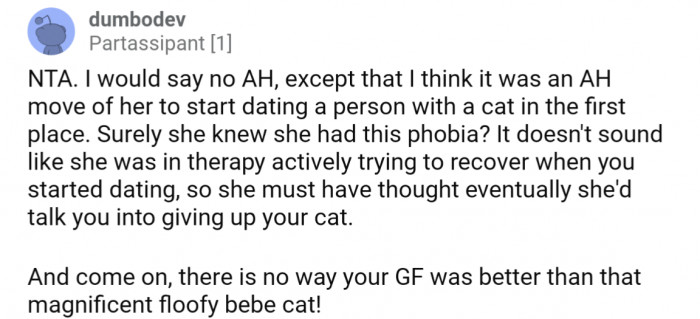 But the GF seemed to have less than good intentions for the cat from the beginning if she chose to date OP without figuring out her phobia