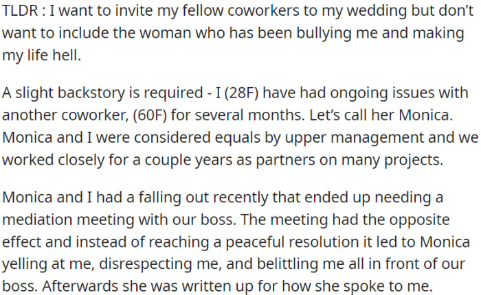 OP is planning to invite coworkers to her wedding, but not the bully coworker who has been making her work life difficult
