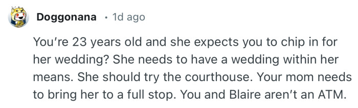 “She should try the courthouse. Your mom needs to bring her to a full stop.”