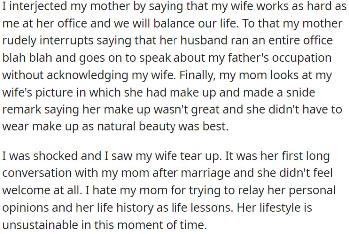 OP's mother rudely shifted the conversation to his father's career and made disparaging comments about OP's wife, which upset her.