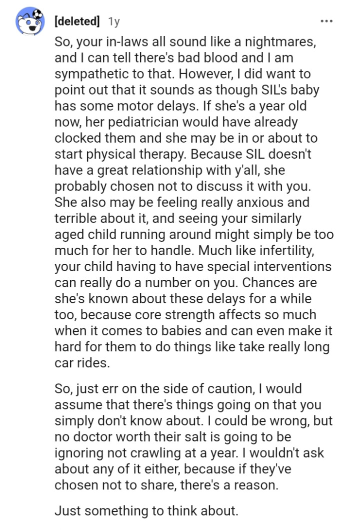 This Redditor is pointing out that the SIL's baby might have some motor delays