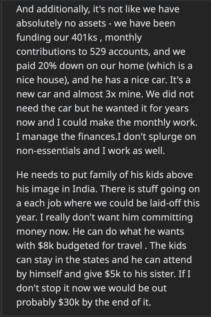 OP said she won't have a problem if her husband attends the wedding alone. He can spend the money meant for their children's plane tickets to appease his parents.