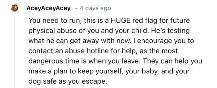 “You Need to Run; This Is a HUGE Red Flag for Future Physical Abuse of You and Your Child.”