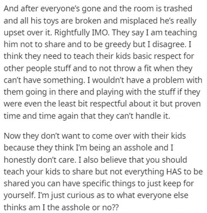 They told her that she's teaching her son to be greedy and not to share his toys