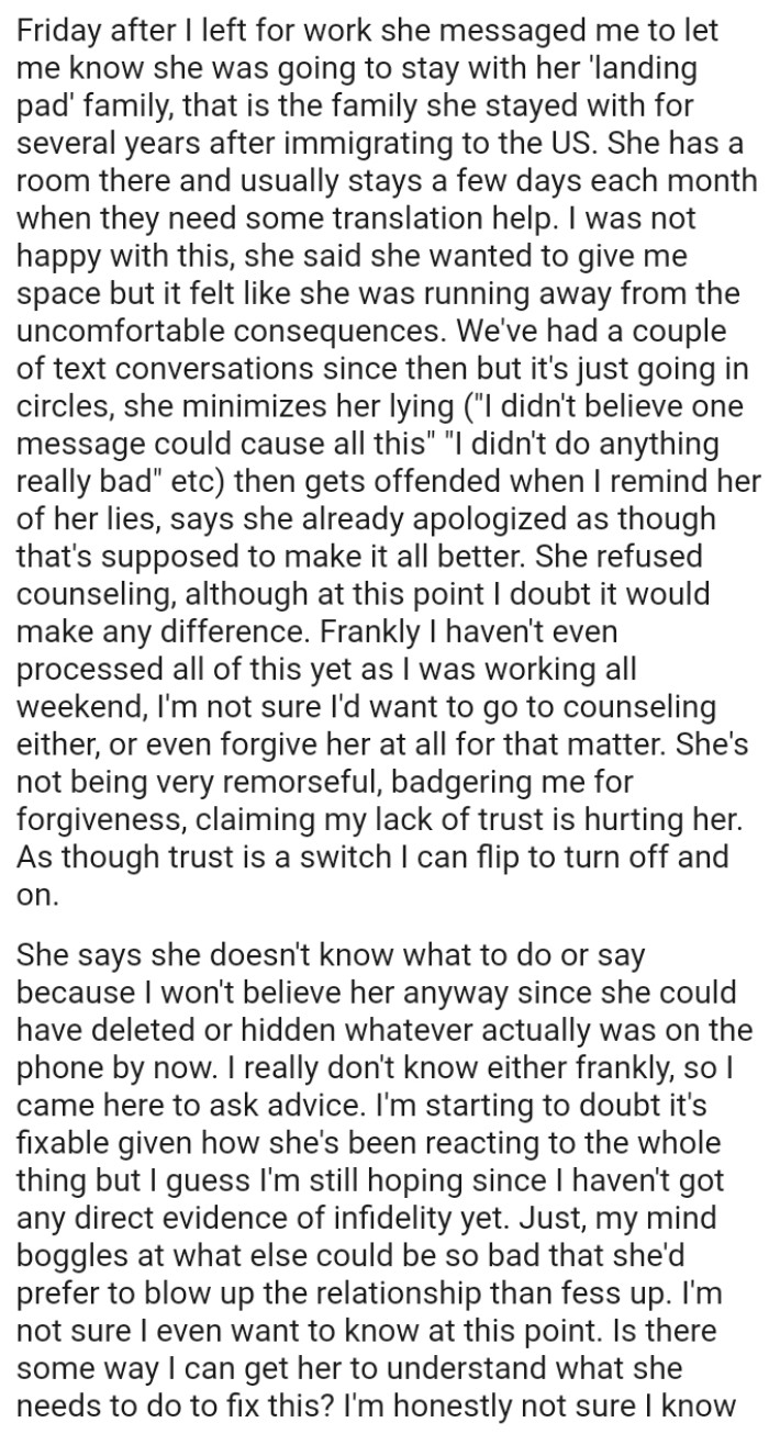 OP's not sure she'd want to go to counseling either, or even forgive her at all for that matter