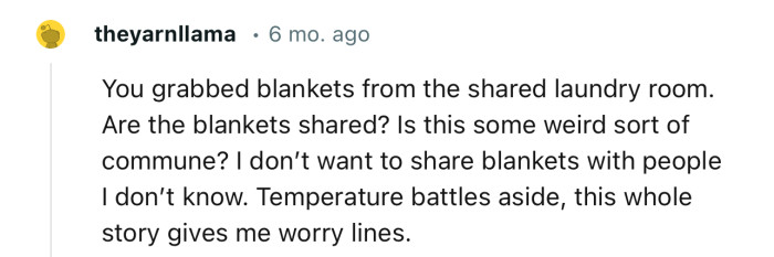 “I Don’t Want to Share Blankets with People I Don’t Know. Temperature Battles Aside, This Whole Story Gives Me Worry Lines.”