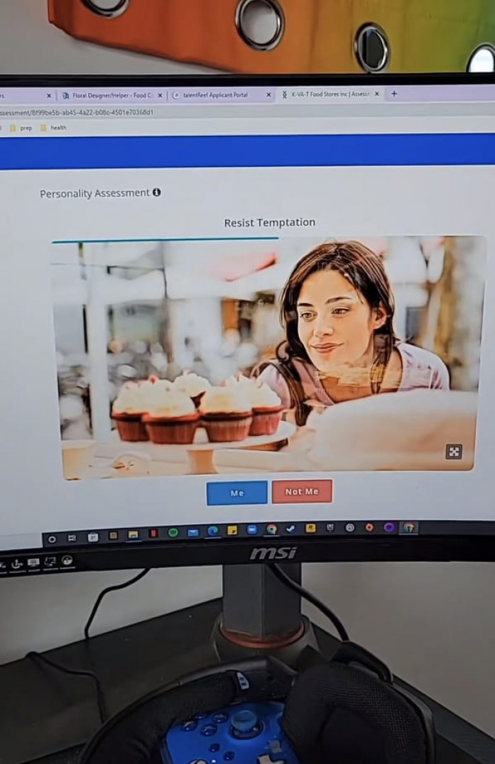 The woman shares her screen and shows screenshots of her job personality test.