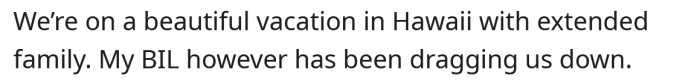 The OP said her BIL was dragging down the family on their vacation.