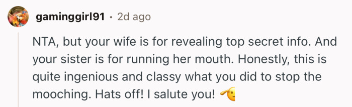 “NTA, but your wife is for revealing top secret info. And your sister is for running her mouth.”