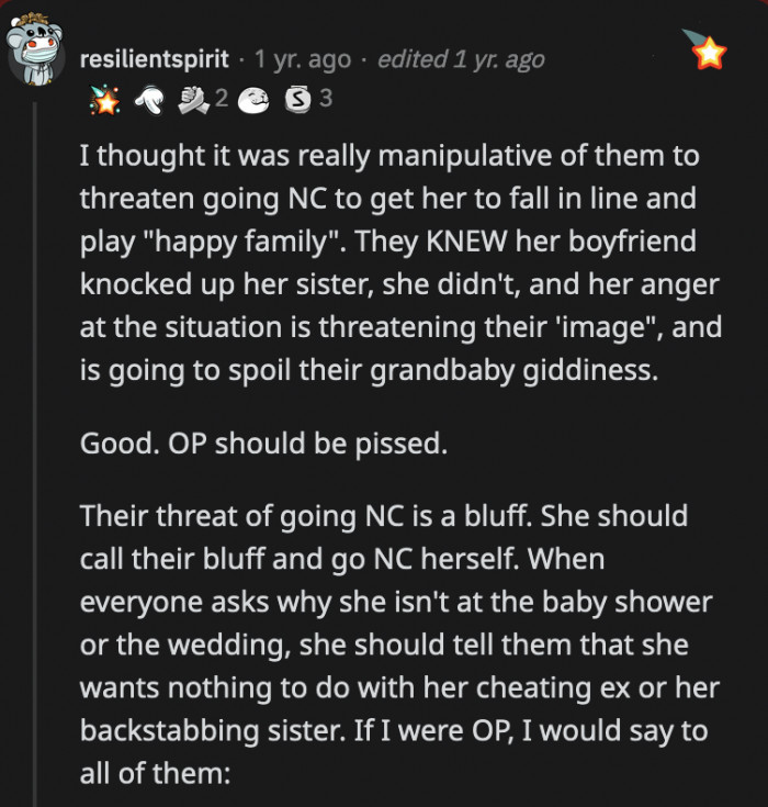 They are such terrible parents to OP. She will be better off without these manipulative and lying people in her life.