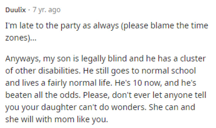 Many people encouraged her and her child's disabilities because clearly, the MIL doesn't understand this.