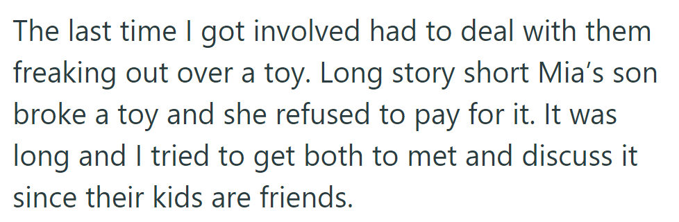 Mia's son broke a toy; she refused to pay, sparking conflict. Despite their kids being friends, mediation failed.
