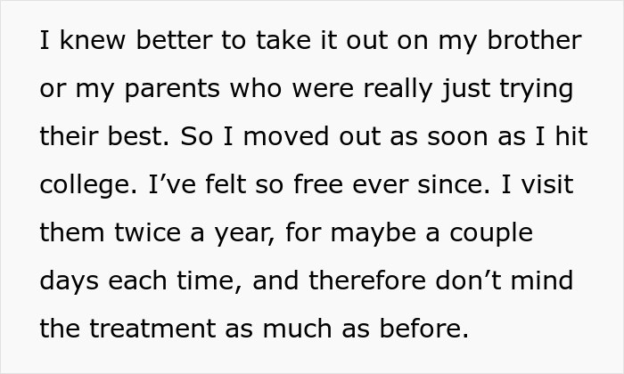 She would spend a few days at a time visiting her parents twice a year, so this was a big relief for her