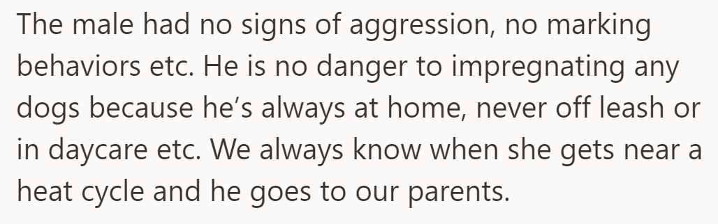 Male shows no aggression or marking behaviors and is always supervised at home. He is monitored during the female's heat cycles.