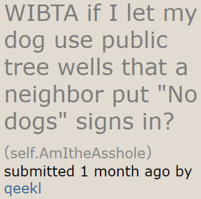 The OP is torn between the needs of their senior dog and the neighbor's desire to keep the tree wells beautiful.