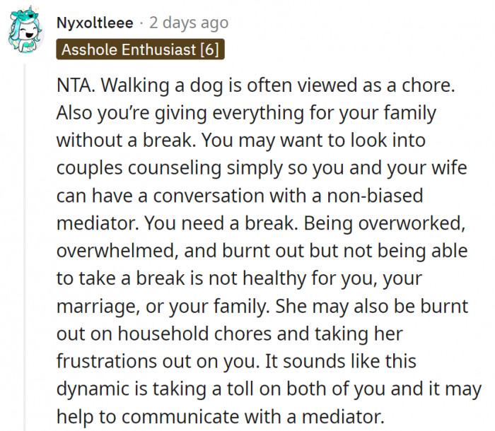 6. They might both be burnt out from their family roles and may need a mediator to come up with a solution
