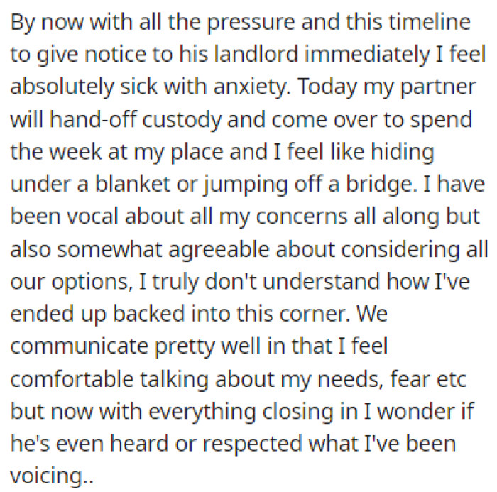 OP is feeling sick with anxiety due to all the pressure mounted on her