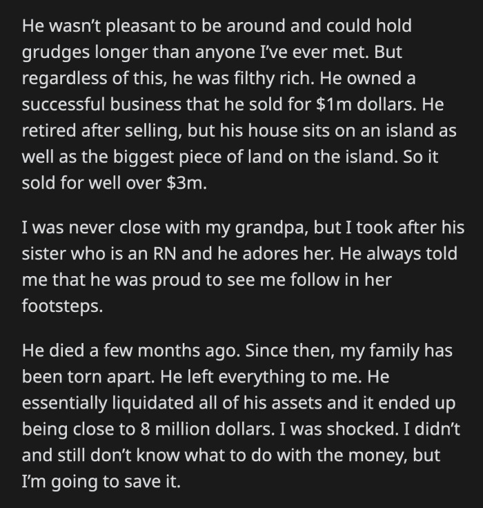 OP's dad, who is an alcoholic, also wants OP to divide her inheritance