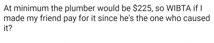Hiring a plumber is going to be expensive, and OP wanted to know if he would be in the wrong asking his friend to pay for the repairs