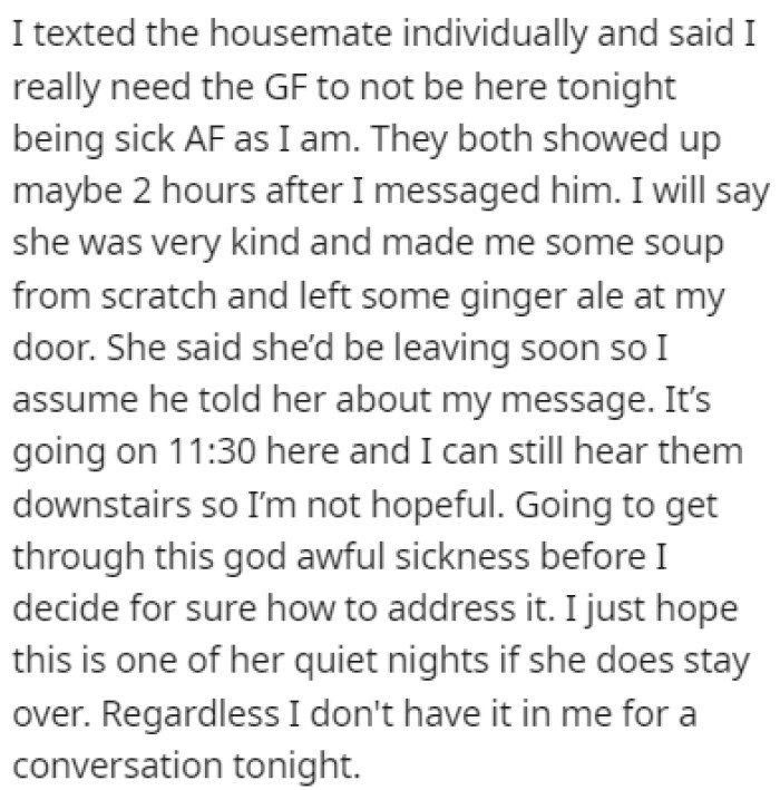 OP has been ill, and the girlfriend made him some soup from scratch