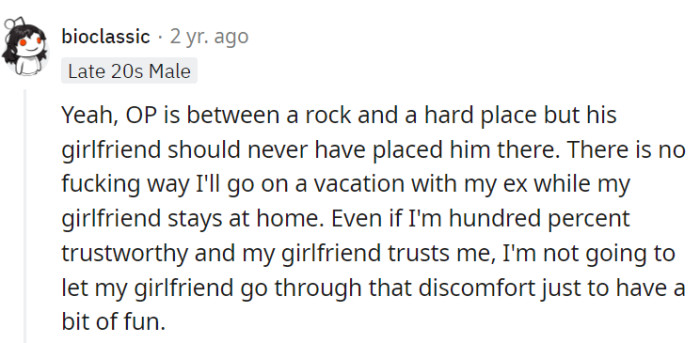 Leaving a partner behind while holidaying with an ex? Trust can only stretch so far.