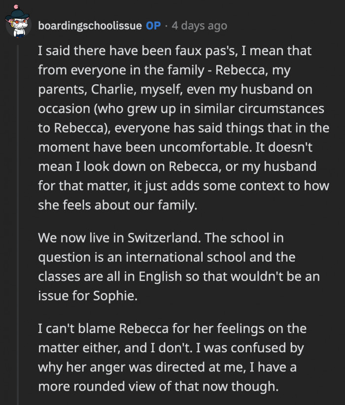 OP Said She Was Simply Trying to Give Context as to How Rebecca Feels About Their Family in General. After Posting on Reddit, She Is More Enlightened About Why Rebecca Was So Hurt, but She Was Just Initially Confused Why Rebecca Took Her Anger Out on Her