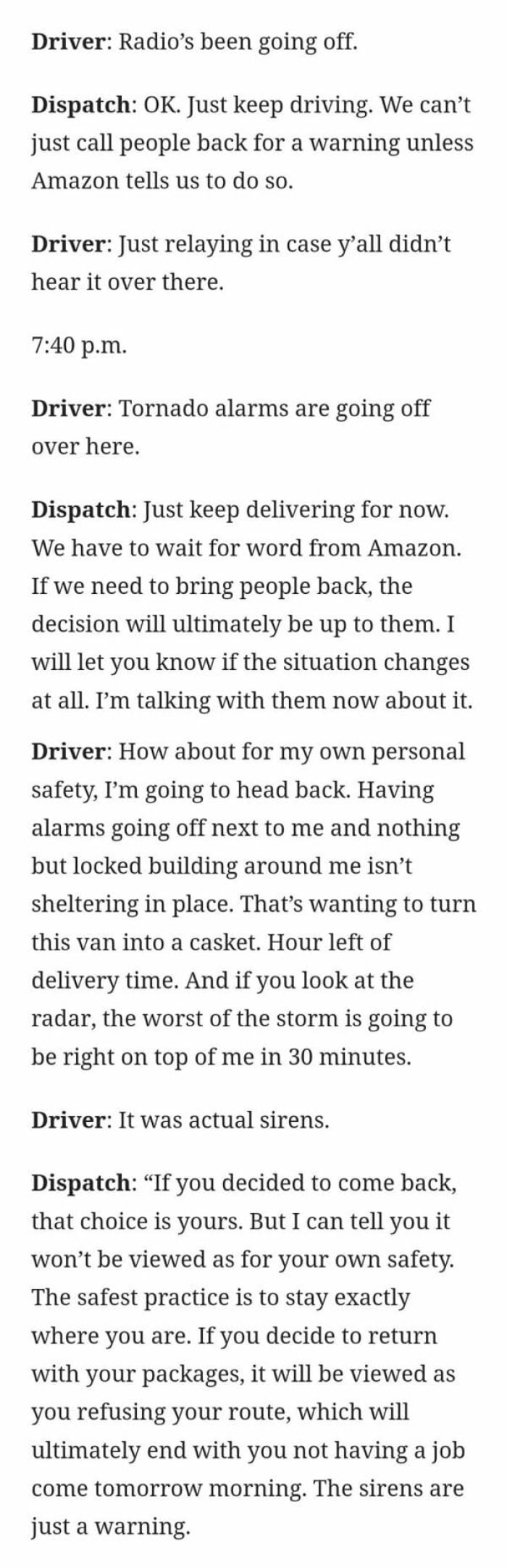 20. Amazon tornado text exchange. Your life is just numbers in a machine; make the correct call