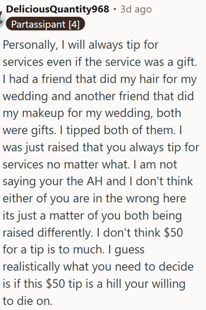 Skipping a tip on a gifted service is not wrong, but it says a lot about your upbringing