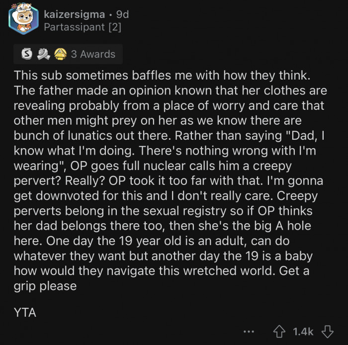 She could have went with a more appropriate reply instead of going full nuclear on her dad.