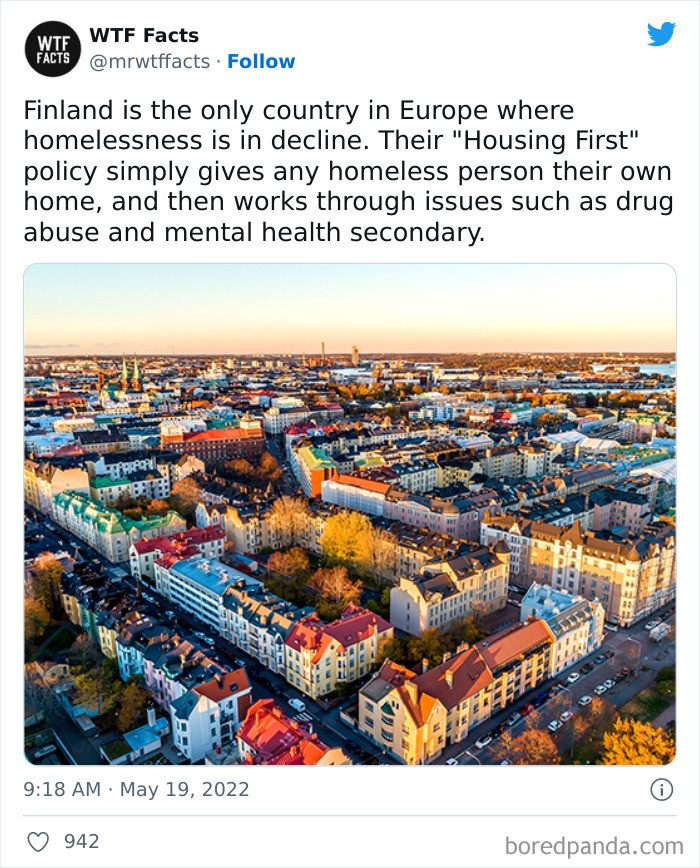 16. Finland provides any homeless person with their own home
