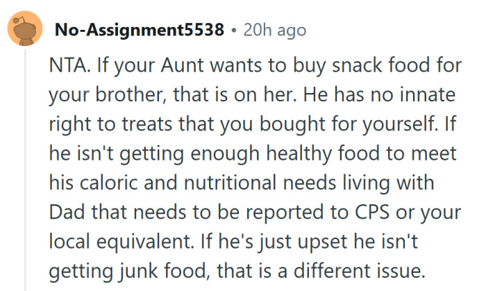 A tough but valid point: if a child’s basic needs aren’t met, it’s not a sibling’s burden to fix it.