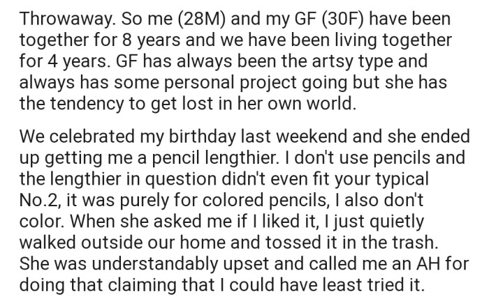OP explained that his girlfriend got him a gift for his birthday, fully aware that he wouldn't like it. Guess what? He ended up throwing it in the trash. Now his girlfriend is absolutely furious!