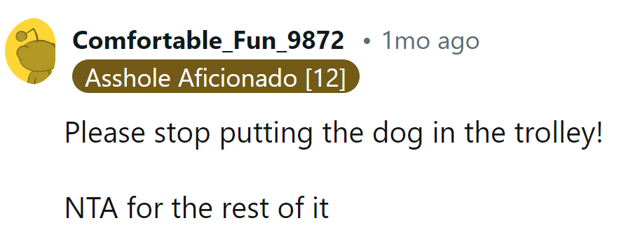 Keep the dog out of the trolley! NTA for the rest!