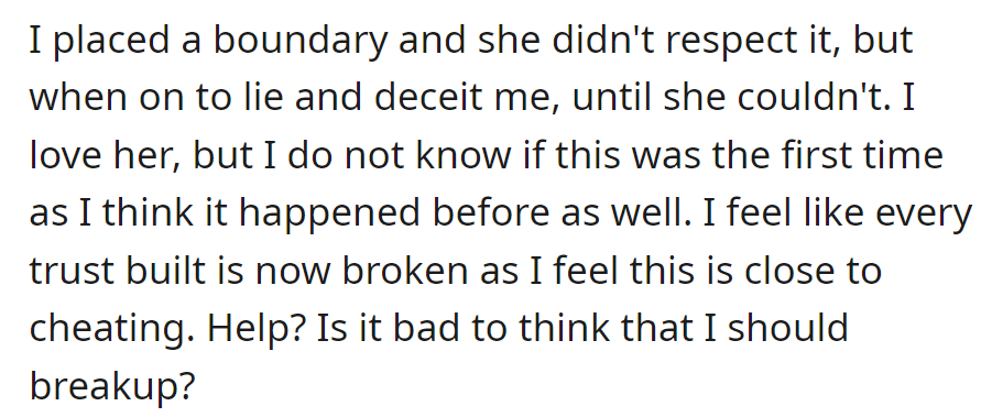 OP is now considering a breakup and seeks advice. Scroll down to see what people had to say...