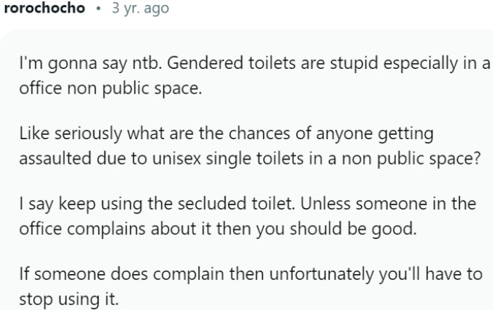 Gendered toilets in a non-public office space are unnecessary and impractical
