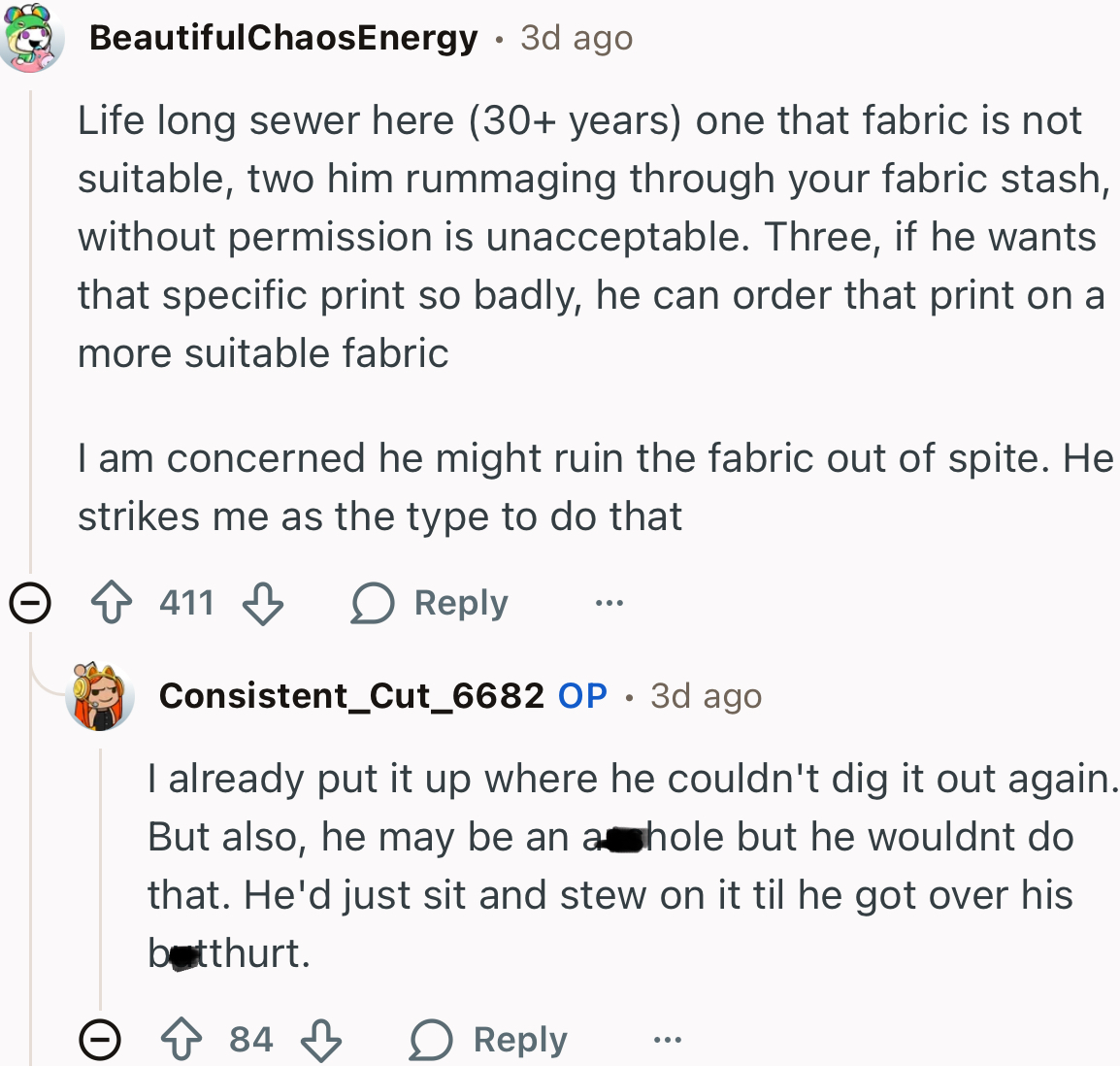 “Three, if he wants that specific print so badly, he can order that print on a more suitable fabric.”