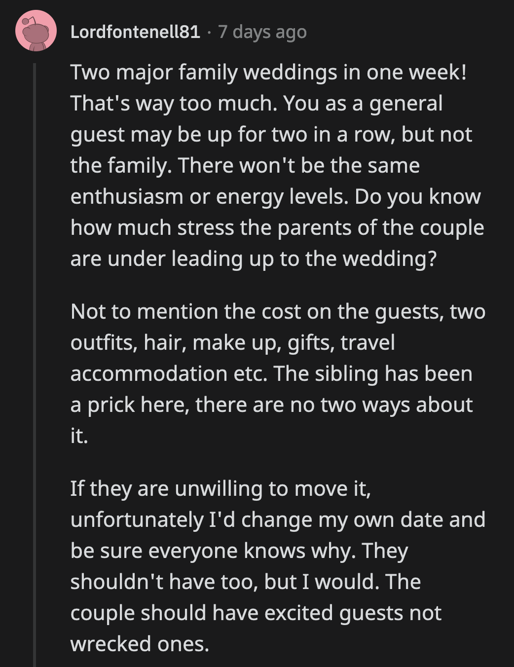 OP shouldn't have to move their wedding date. They do have to be at peace with the likelihood of not having as many of their relatives present at their wedding.