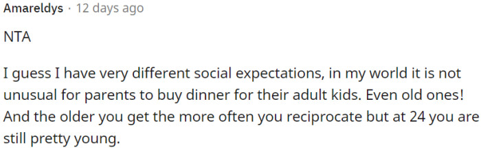 In some social circles, it is customary for parents to treat their adult children to dinner