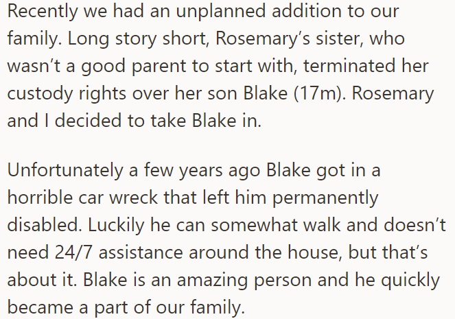 Recently, the OP and his wife welcomed the wife's nephew into their home