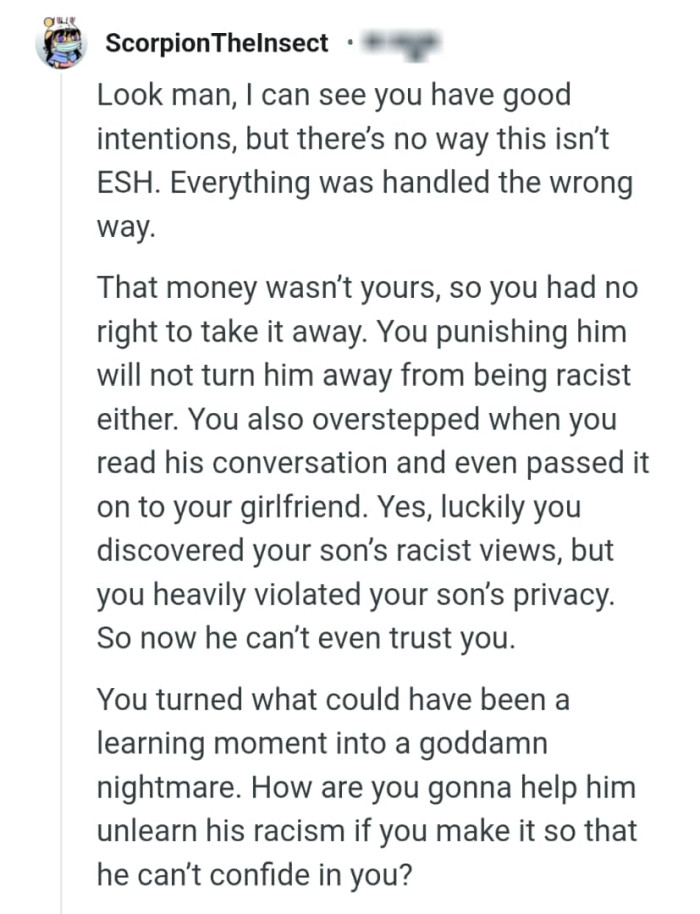 OP's punishment won't turn him away from being a racist