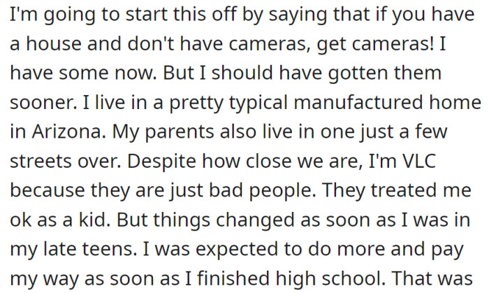 Arizona dweller, newly equipped with home cameras, regrets delay. Proximity to parents accentuates strained ties due to sudden financial expectations in adulthood.