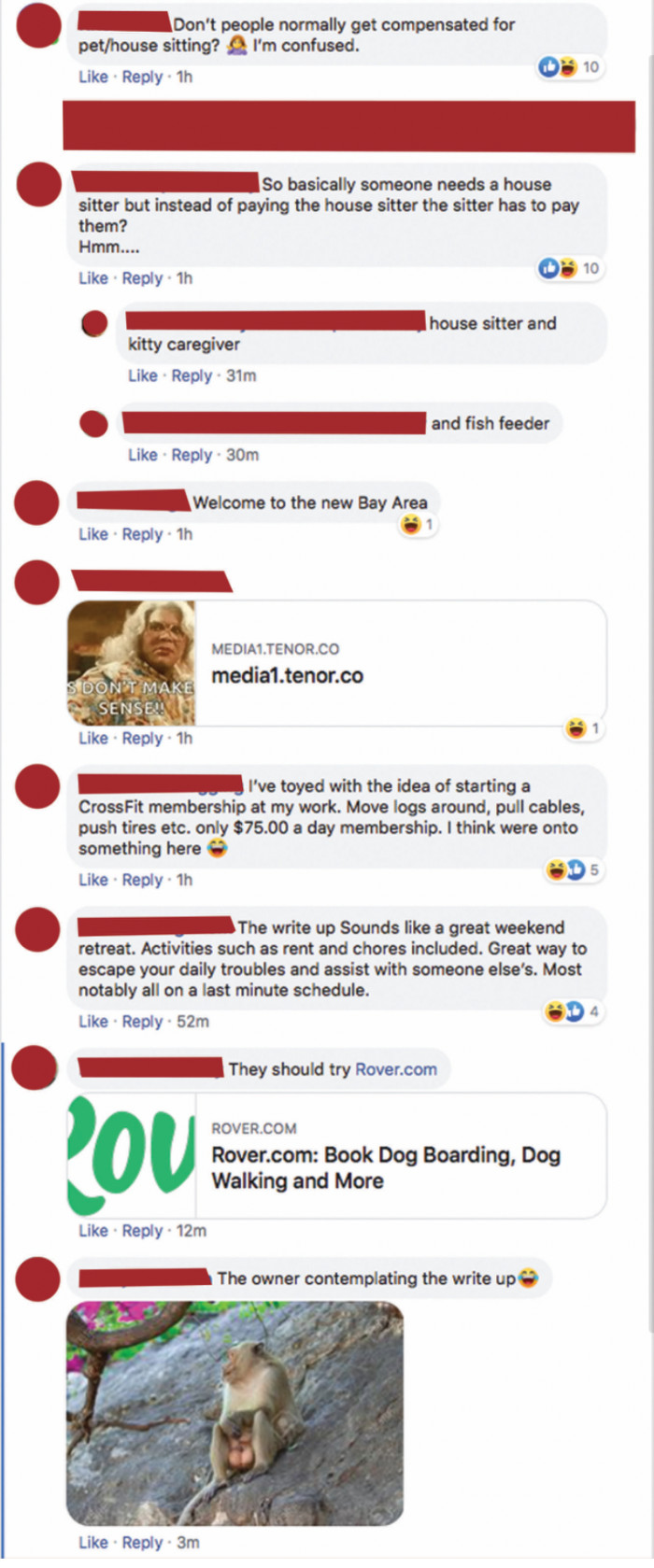 Apparently, the homeowner needs a pet sitter and someone to do chores, but is masking it under something else