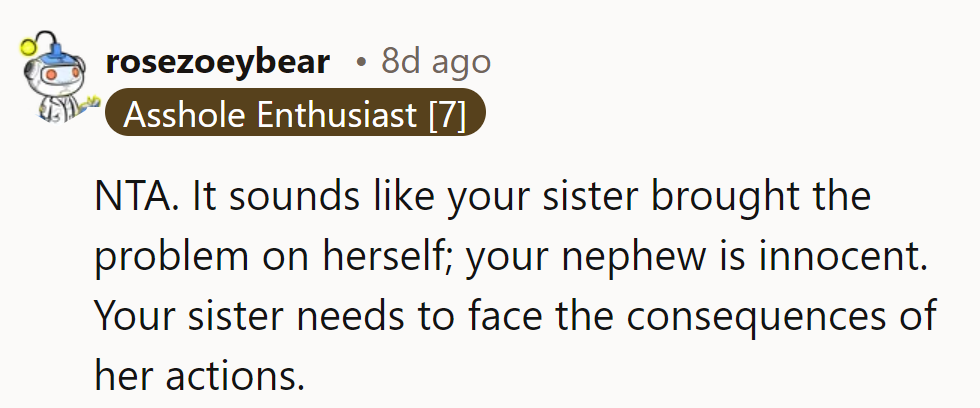 NTA. Sister made her bed; time to lie in it. Focus on helping her innocent nephew.