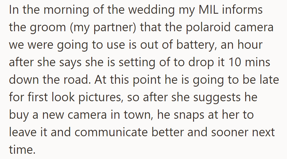 On the wedding morning, his mum revealed that the Polaroid camera was out of battery. He snapped, already running late.