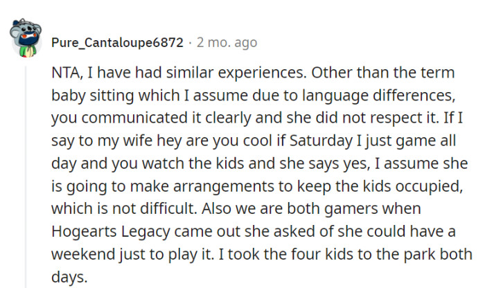 Clear communication is key, and the agreement wasn't respected; it's about mutual support and balance.