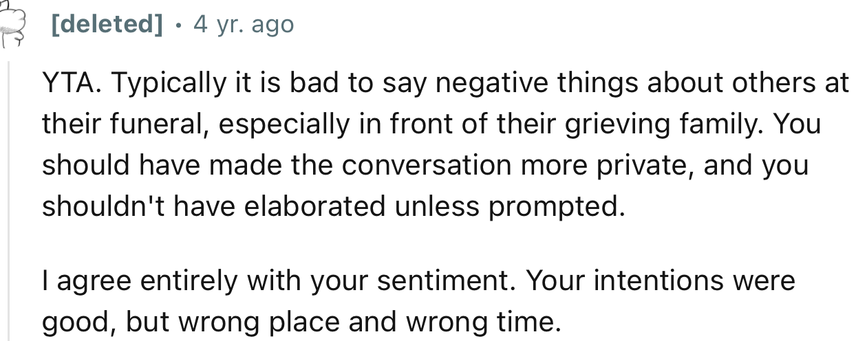 “YTA. I Agree Entirely with Your Sentiment. Your Intentions Were Good, but Wrong Place and Wrong Time.”